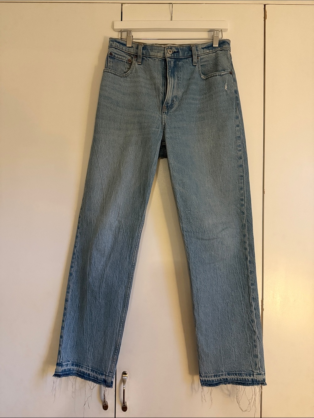 Abercrombie & Fitch Light Blue Straight Leg Jeans with Frayed Hem